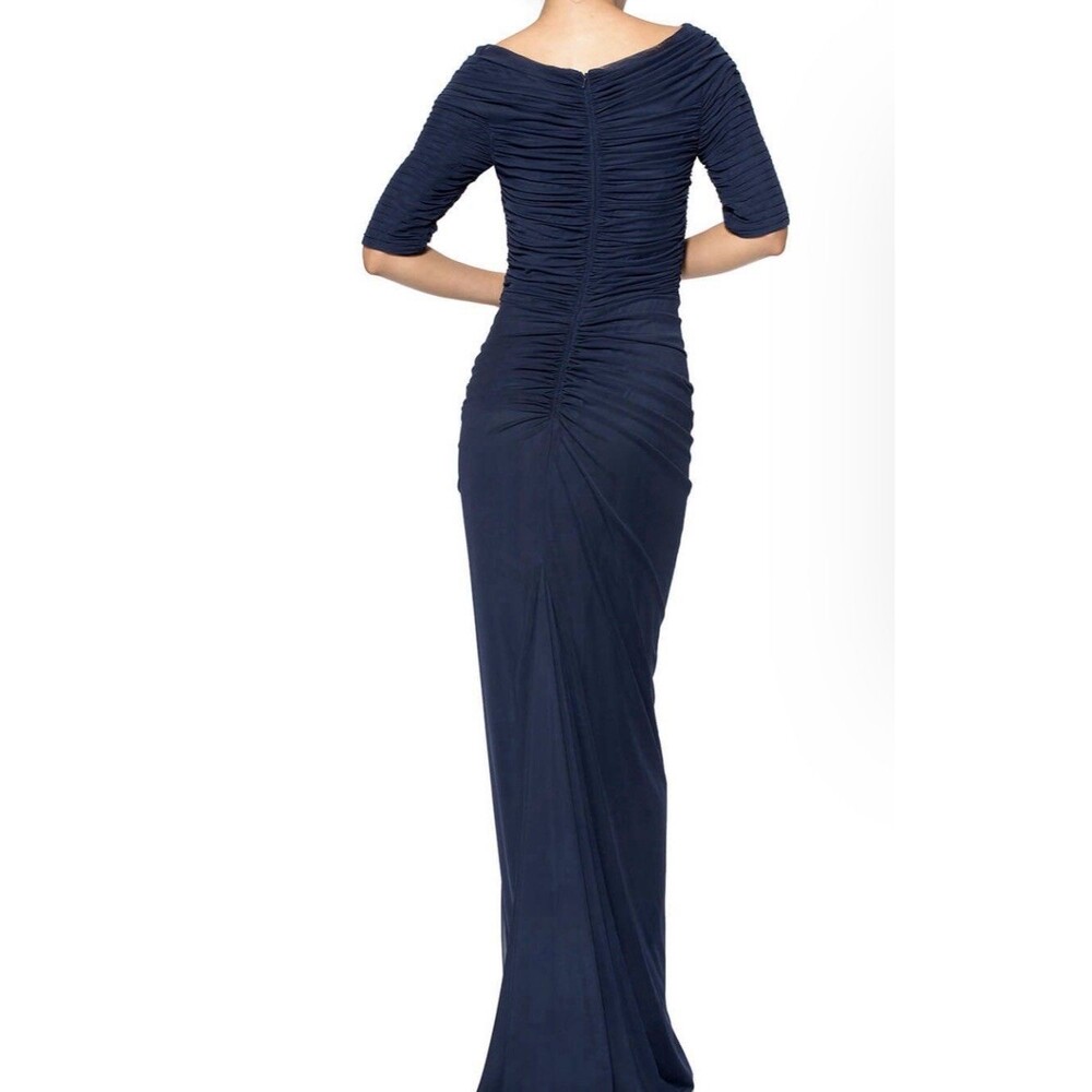 Tadashi Shoji Asymmetric Ruched Sleeve Gown Navy Chiffon Fitted Mermaid Large - Picture 2 of 16